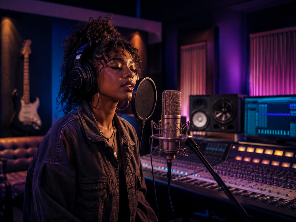 Independent artist wearing headphones singing into a studio microphone
